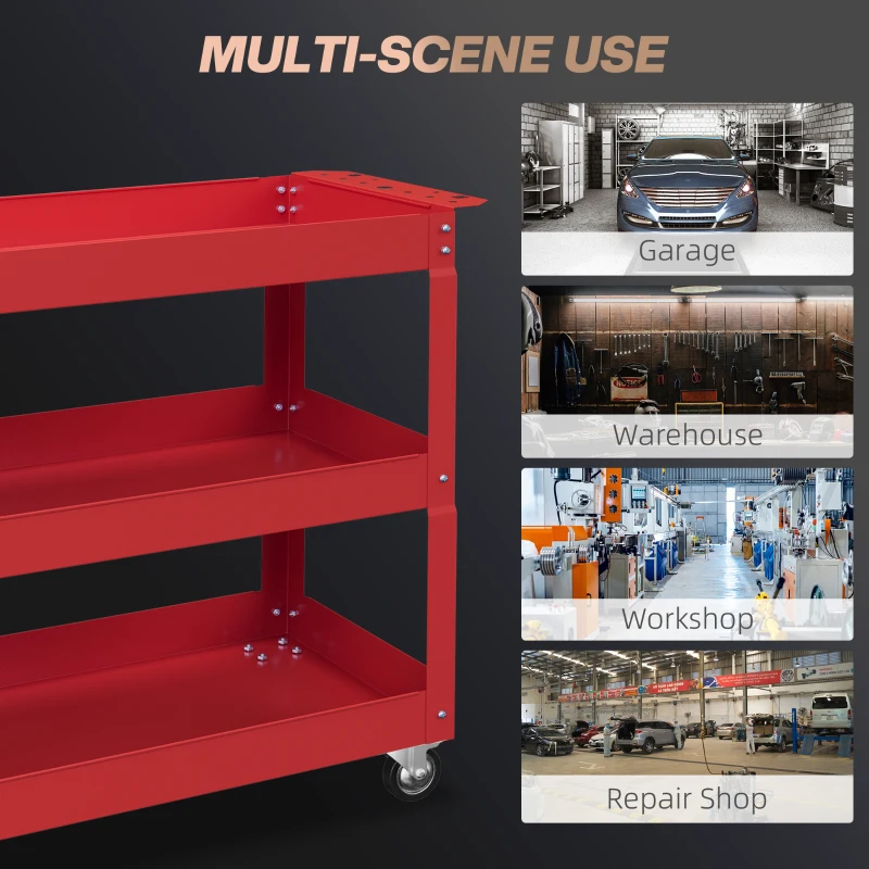 DURHAND 3 Tier Rolling Tool Cart with Wheels, 330 LBS Capacity Heavy Duty Utility Cart, Mobile Service Cart for Garage, Red