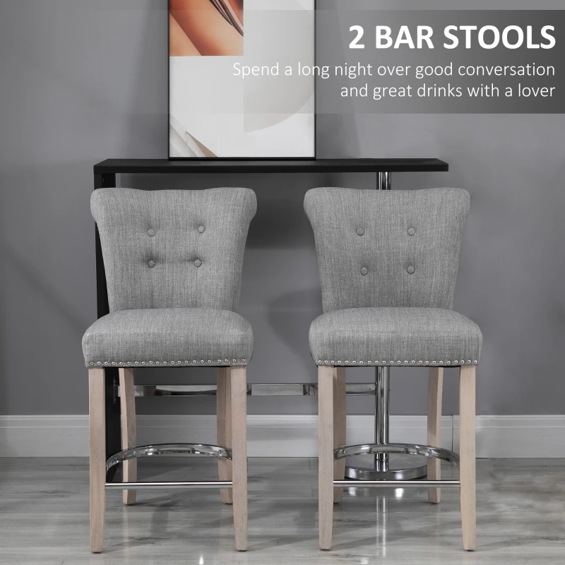 HOMCOM Bar Stools Set of 2, Upholstered Counter Height Stools with Button Tufted Back, Wood Legs and Footrest, Grey