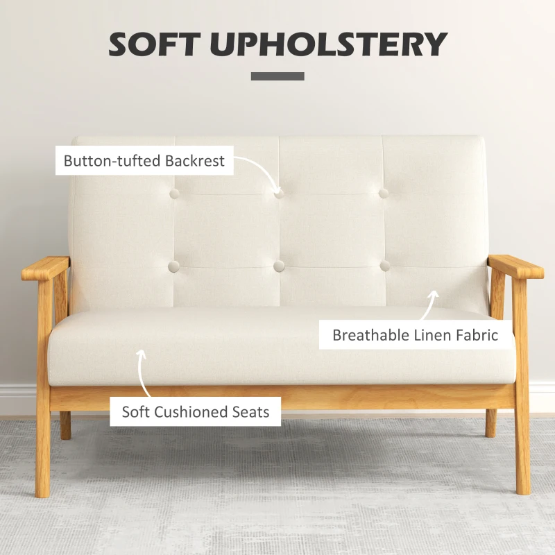 HOMCOM 45" 2 Seat Sofa, Upholstered Two Seater Couch with Rubber Wood Legs for Bedroom, Living Room, Beige