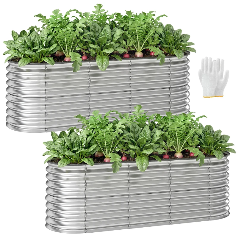 Outsunny 2Pcs Galvanized Raised Garden Bed, 6 x 2 x 2 ft Modular Metal Garden Beds with Rubber Strip Edging, Silver