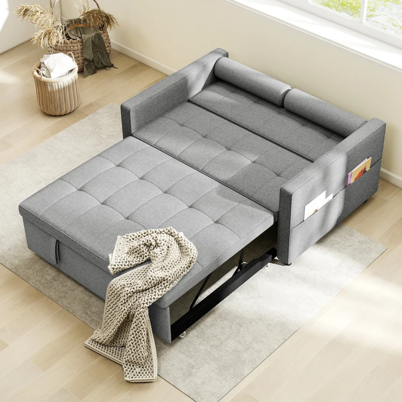 HOMCOM Pull Out Sofa Bed, Sleeper Sofa Couch with USB Ports, Small Linen Loveseat Futon Couch for Living Room, Grey