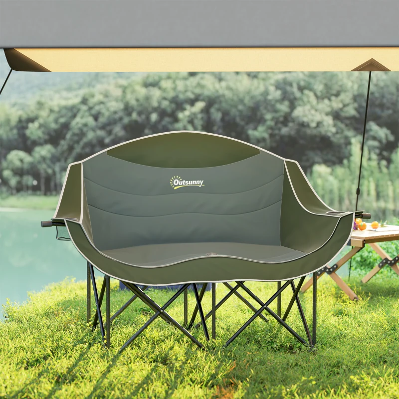 Outsunny Portable Camp Chair, Double Camping Chair with Cup Holders and Carry Bag, Support 551 lbs, Dark Green