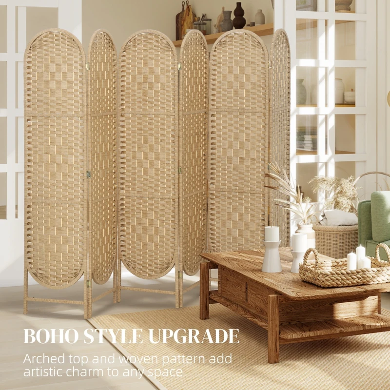 HOMCOM Bohemian Privacy Screen, Folding Room Divider with 6 Panels and Arched Top for Bedroom Living Room Office, Natural Wood