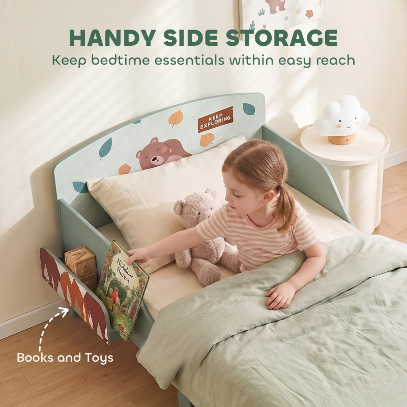 Qaba Toddler Bed with Bedside Storage, Guard Rails, Montessori Bed for Ages 3-8, Fits 132x70x10cm Mattress, Green Bear Print