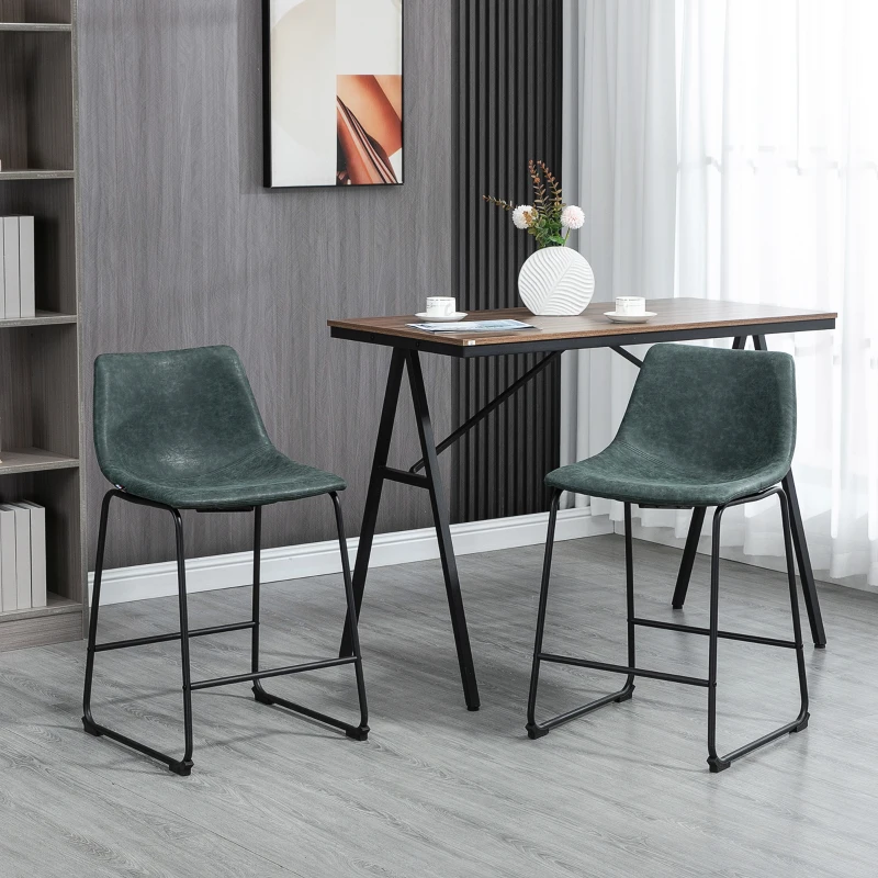 HOMCOM Counter Height Bar Stools Set of 2, Vintage PU Leather Bar Chairs, Kitchen Stool with Footrest for Home Bar Green