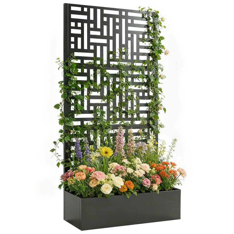 Outsunny Galvanised Raised Garden Bed with Trellis, 71" Tall Metal Planter Box with Privacy Screen and Drainage Holes