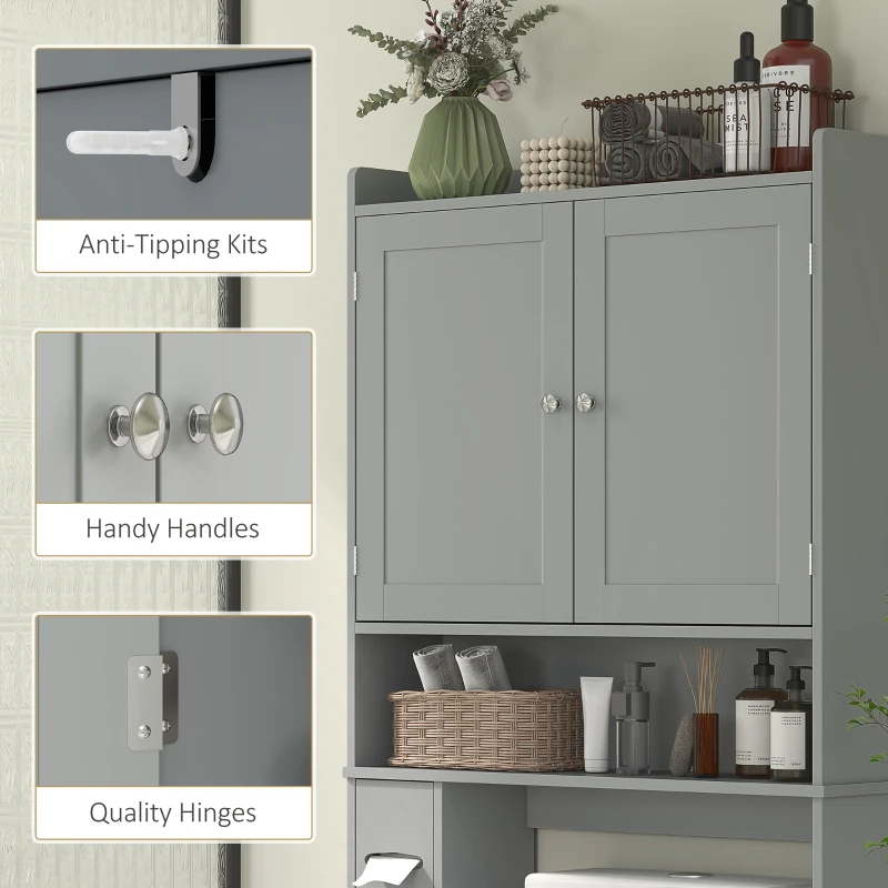 HOMCOM Modern Over The Toilet Storage Shelf with 2 Doors, Above Commode Storage Cabinet with Toilet Paper Holder, Grey