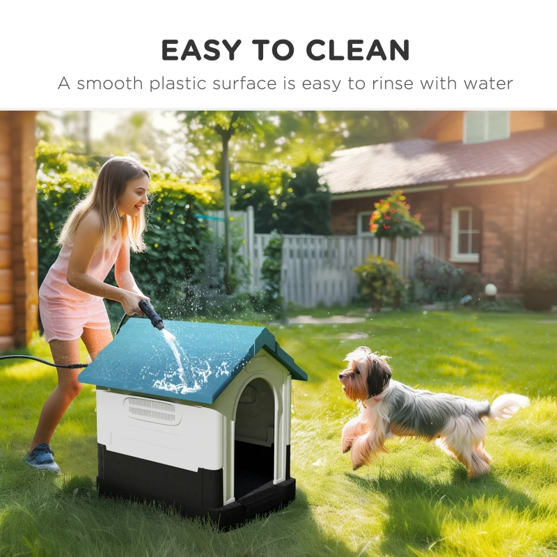 PawHut Outside Dog Kennel House with Windows, Base Support, for Garden Patio, Miniature Dogs, 64.5 x 57 x 66cm, Blue