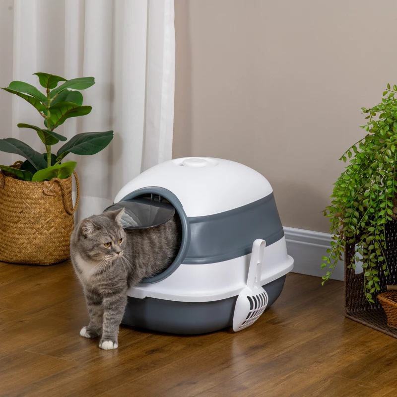 PawHut Foldable Large Cat Litter Box with Lid, Covered Kitten Litter Box w/ Automatic Cat Litter-Proof Sides, Deodorization, Easy to Clean, White and Grey