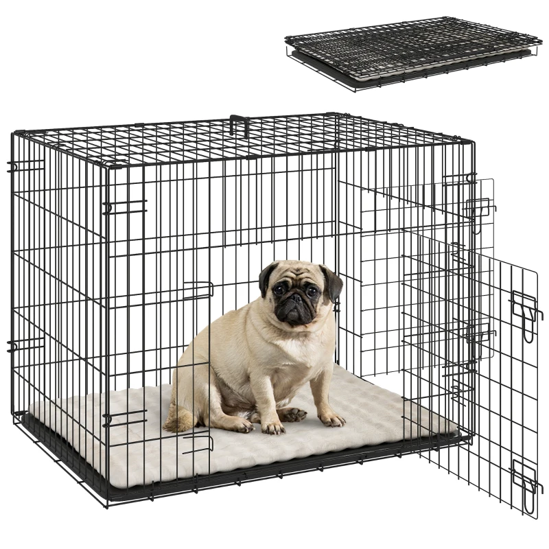 PawHut 30" Dog Crate with 2 Doors, Folding Metal Dog Cage with Soft Cushion, Removable Tray, Handle, for Small Dogs, Black