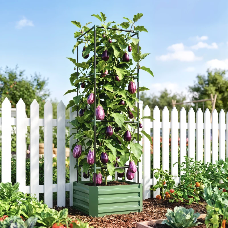 Outsunny Galvanized Planter Box, 24" x 24" x 73.5" Raised Garden Bed with Tomato Cage for Climbing Vines, Green