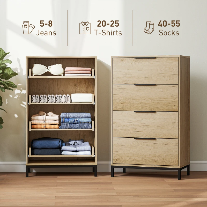HOMCOM Dresser for Bedroom, 4 Drawer Dresser Tower, Chest of Drawers for Hallway, Entryway, Closet, Natural