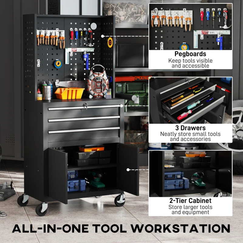 HOMCOM Rolling Tool Cabinet with Pegboard, Lockable Tool Chest, Mobile Tool Storage Organizer for Garage and Workshop, Black