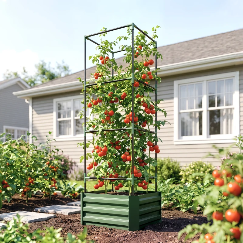 Outsunny Galvanized Planter Box, 24" x 24" x 73.5" Raised Garden Bed with Tomato Cage for Climbing Vines, Green
