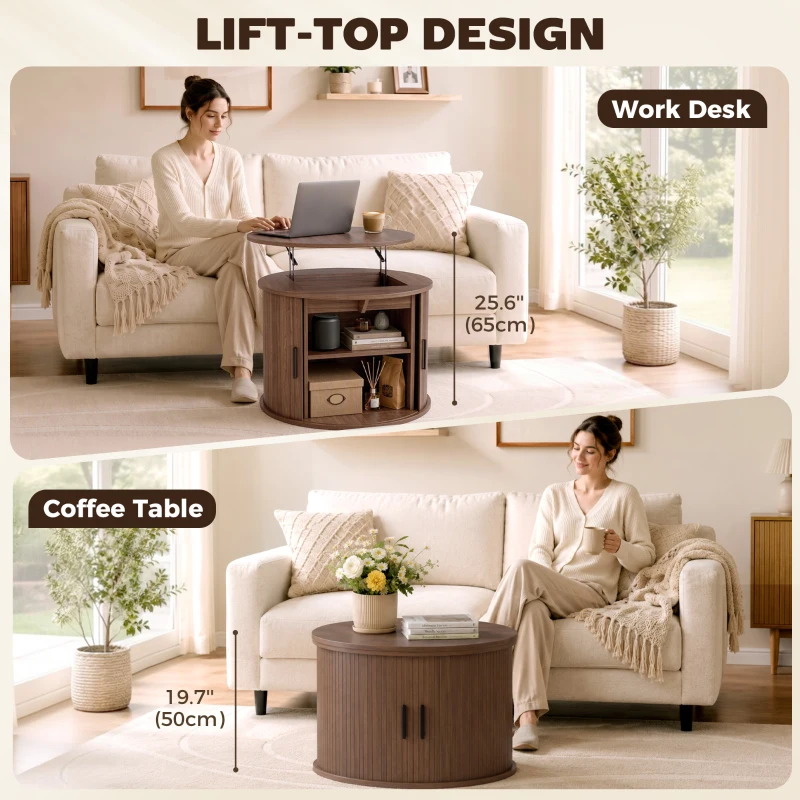 HOMCOM Lift Top Coffee Table, Modern Fluted Round Coffee Table with Layered Storage and Tambour Sliding Door, Walnut Brown