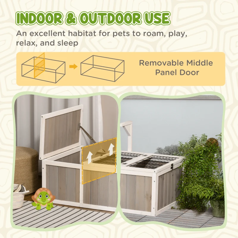 PawHut Wooden Tortoise Habitat with Openable Top, Run Cage, Two Rooms, Grey