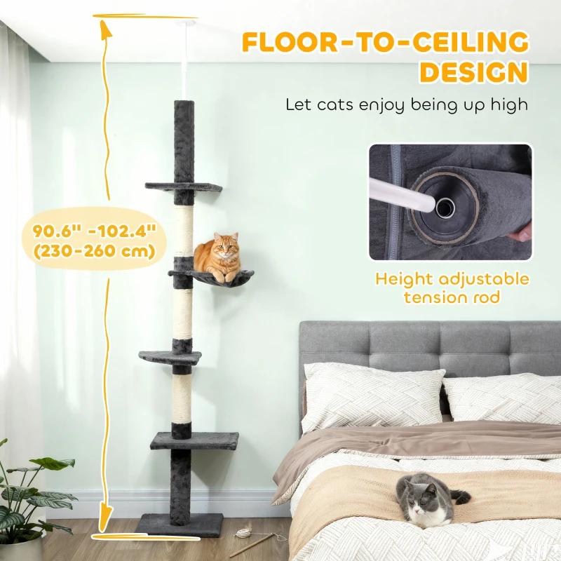 PawHut 8.5ft Cat Climbing Tree 5-Tier Kitty Activity Center with Scratching Post  Dark Grey