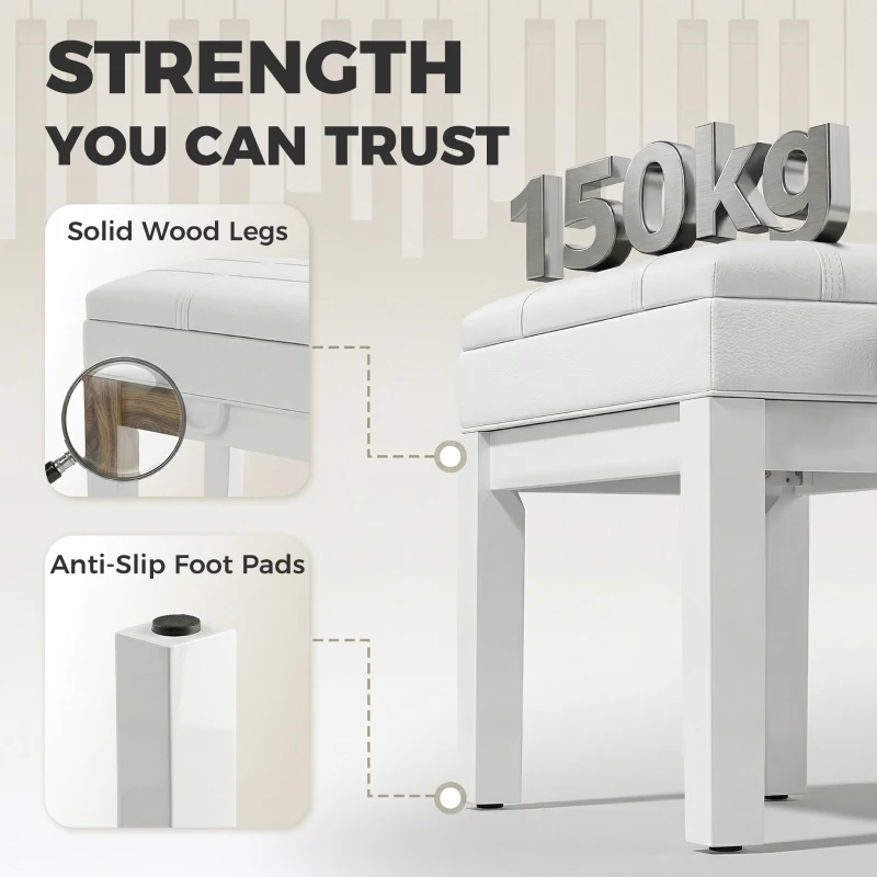 HOMCOM Faux Leather Keyboard Bench, 24.8" Adjustable Piano Bench with Padded Cushion and Storage, White
