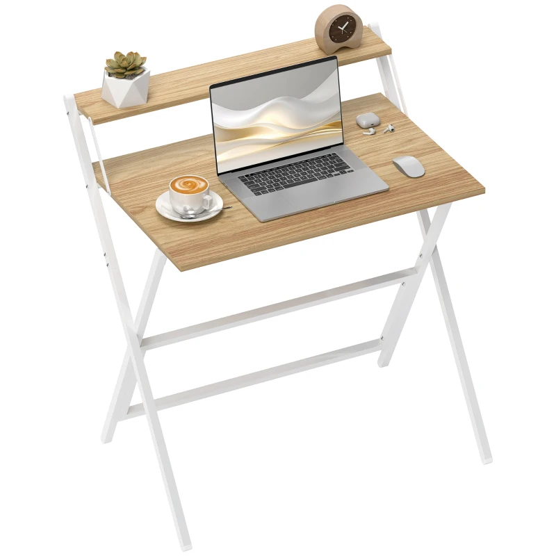 HOMCOM Folding Computer Desk, 32" Foldable Desk with Monitor Shelf for Small Space, Home Office, Easy Assembly, Natural Wood
