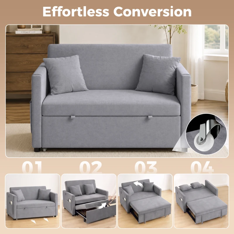 HOMCOM 52" Sofa Bed, Holland Velvet Loveseat Pull Out Sleeper Sofa with USB Ports, Adjustable Backrest, Side Pockets, Dark Grey
