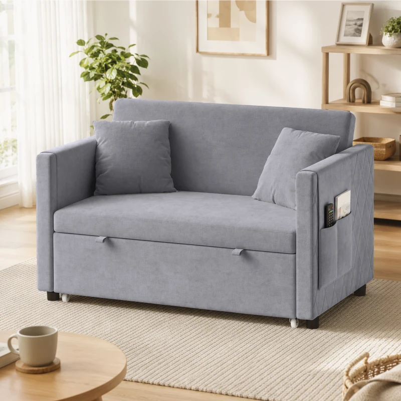 HOMCOM 52" Sofa Bed, Holland Velvet Loveseat Pull Out Sleeper Sofa with USB Ports, Adjustable Backrest, Side Pockets, Dark Grey