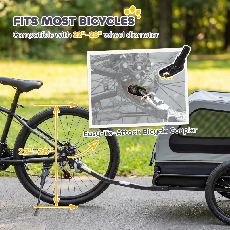 PawHut Dog Bike Trailer for Small & Medium Dogs up to 44 lbs, Universal Bicycle Coupler, Flip-Down Ramp Tailgate, Grey