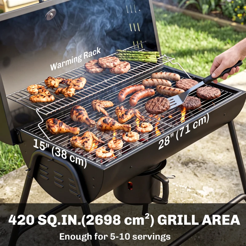 Outsunny Barrel Charcoal BBQ Smoker, Barbecue with 420 sq.in. Cooking Area, Wheels, Ash Catcher, Black