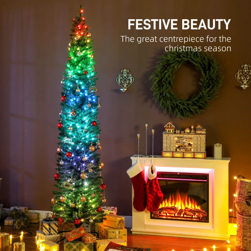 HOMCOM 7.5ft Christmas Tree with Colourful DIY Synchronized LEDs, Hinged Pencil Xmas Tree with Remote, Daily Timer, Green