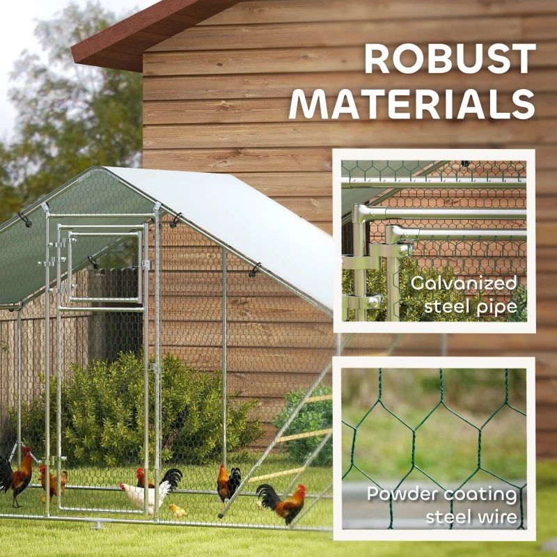 PawHut Large Metal Chicken Run with Waterproof & UV-Resistant Cover, Feeding Door, Hanging Feeder, Perch for 6-8 Chickens