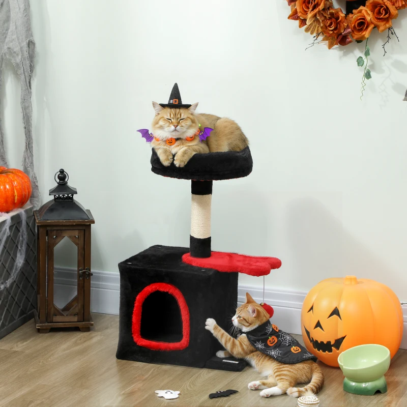 PawHut 28" Gothic Cat Tree Tower with Plush Top Bed, Cozy Condo, Sisal Scratching Post, Perch, Dangling Ball, Red & Black