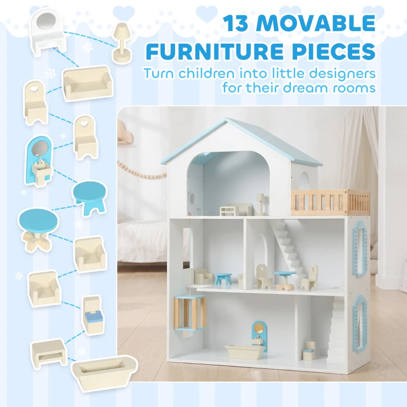 Qaba Wooden Doll House with Elevator, 5 Rooms and 13 Furniture Accessories, Pretend Play Toy Gift for Kids Ages 3-6, Blue