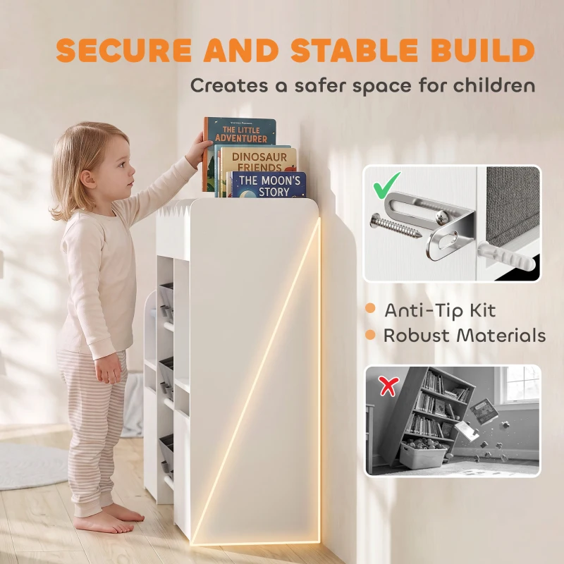 Qaba Kids Toy Storage Organizer, Kids Bookshelf with 8 Fabric Bins, 2 Rolling Drawers, Open Shelves for Kids Room, White