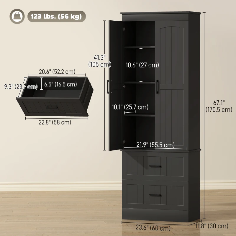 HOMCOM Tall Pantry Cabinet, 67" Kitchen Storage Cabinet with Adjustable Shelves and 2 Drawers for Kitchen, Dining Room, Black