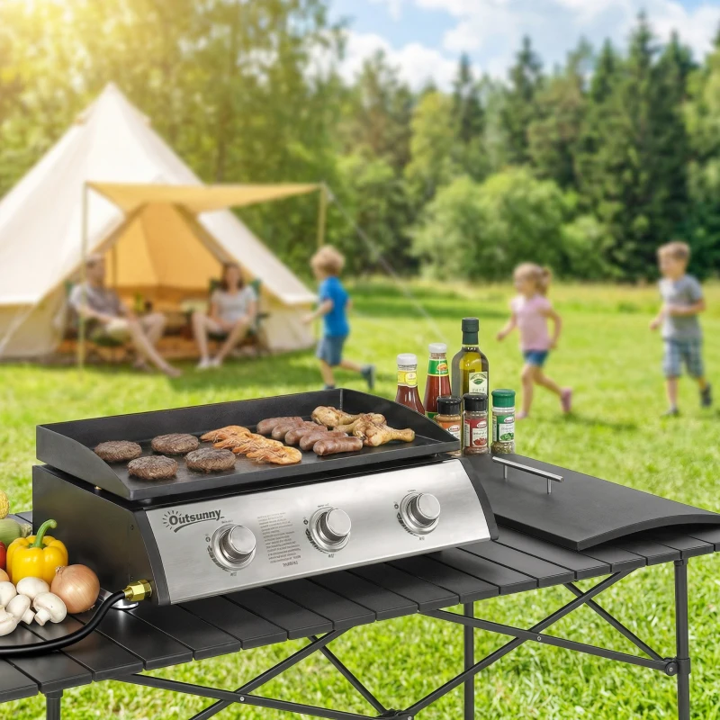 Outsunny Propane Gas Grill with 3 Main Burners, 8530 BTU Outdoor BBQ Grill Cart with Non-Stick Griddle and Lid, Black