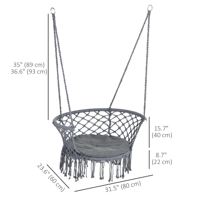 Outsunny Hanging Hammock Chair, Cotton Rope Porch Hammock Swing with Metal Frame and Cushion, Large Macrame Seat for Patio, Garden, Bedroom, Living Room,  Dark Grey
