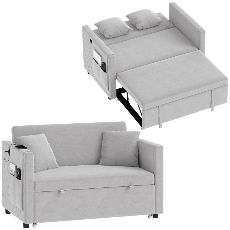 HOMCOM 52" Sofa Bed, Holland Velvet Loveseat Pull Out Sleeper Sofa with USB Ports, Adjustable Backrest, Side Pockets, Grey