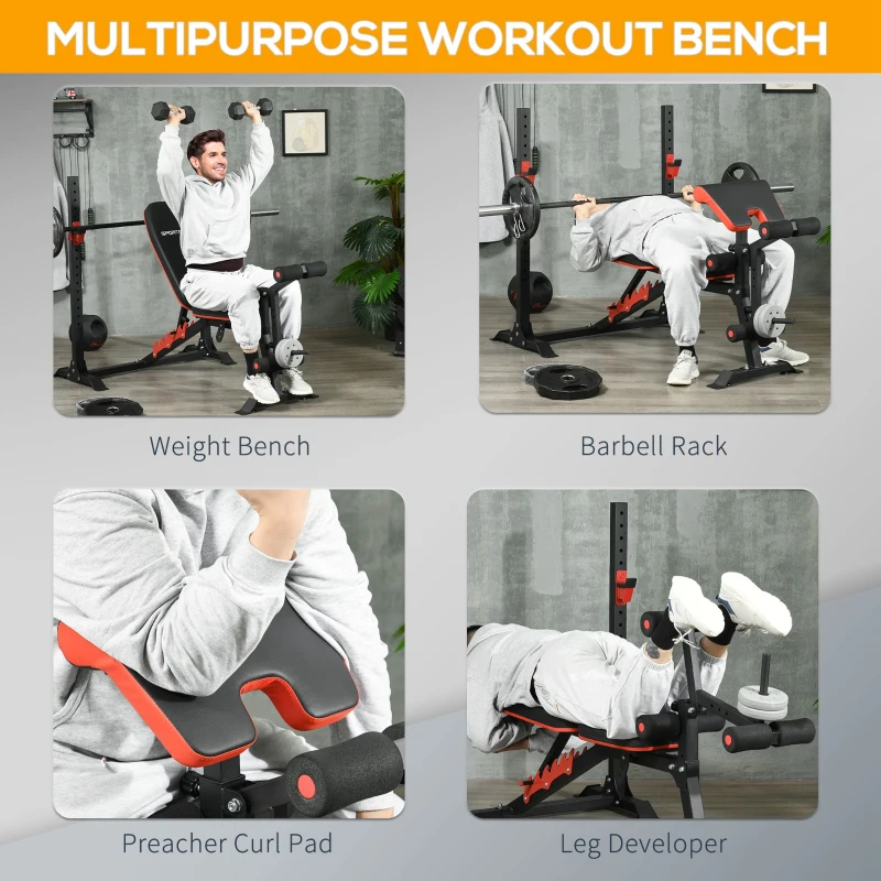 Soozier Adjustable Weight Bench with Squat Rack, Preacher Curl Pad and Leg Developer, Home Gym Bench for Full Body Workout