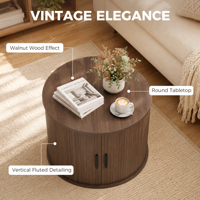 HOMCOM Lift Top Coffee Table, Modern Fluted Round Coffee Table with Layered Storage and Tambour Sliding Door, Walnut Brown