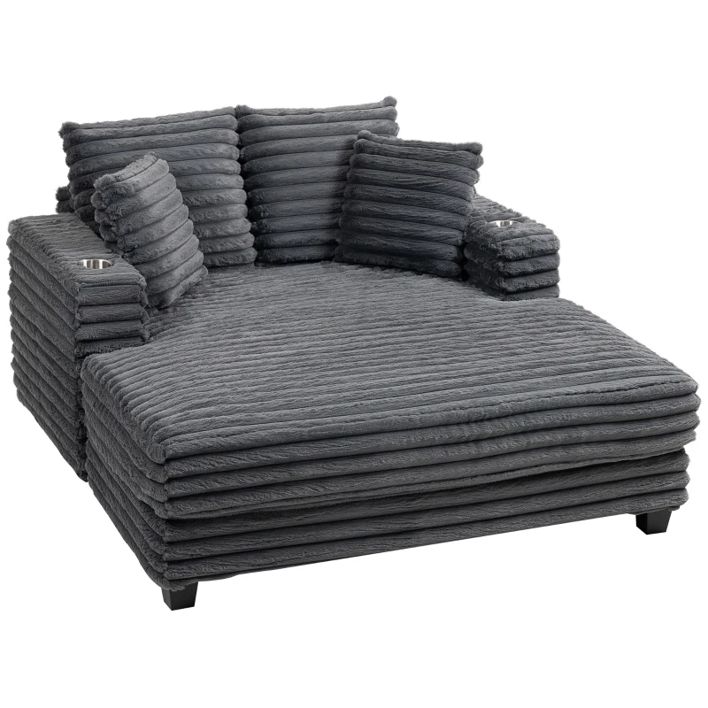HOMCOM 60" Chaise Lounge Chair, Oversized Upholstered Sofa Bed with Cup Holders & Pillows, Sleeper Couch for Living Room, Grey