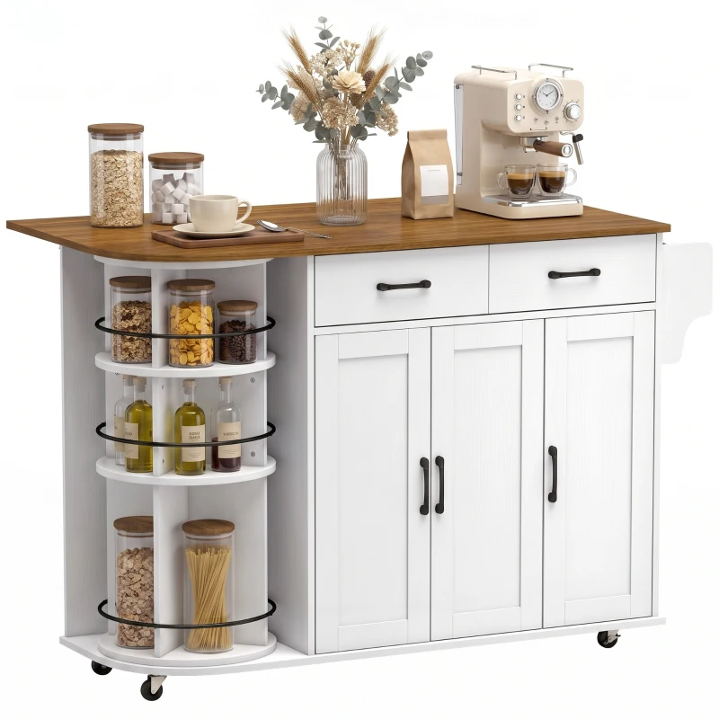 HOMCOM 53" Kitchen Island with Power Outlet and Drop Leaf, Kitchen Cart on Wheels with 360° Rotating Rack, White