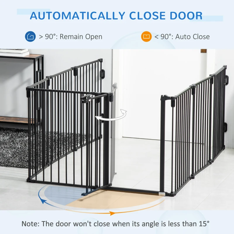 PawHut Dog Safety Gate 8-Panel Playpen Fireplace Christmas Tree Steel Fence Stair Barrier Room Divider Black