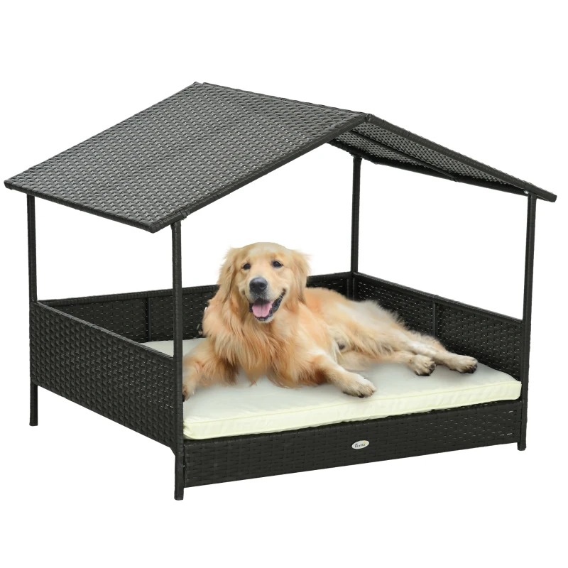 PawHut Rattan Dog House with Canopy, Wicker Dog Bed with Water-Resistant Cushion, for Small and Medium Breeds Cream White