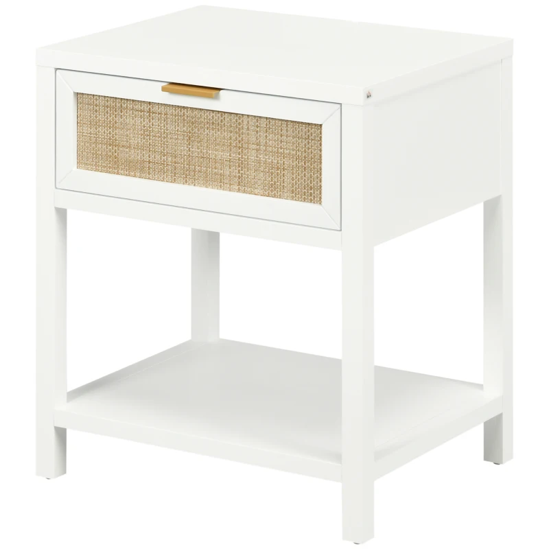 HOMCOM Boho Nightstand, Bedside Table with Rattan Drawer and Open Shelf, Side End Table for Bedroom, Living Room