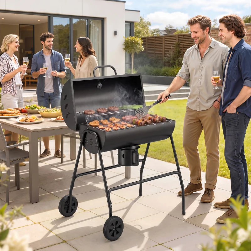 Outsunny Barrel Charcoal BBQ Grill, Barbecue with 420 sq.in. Cooking Area, Wheels, Ash Catcher, Black