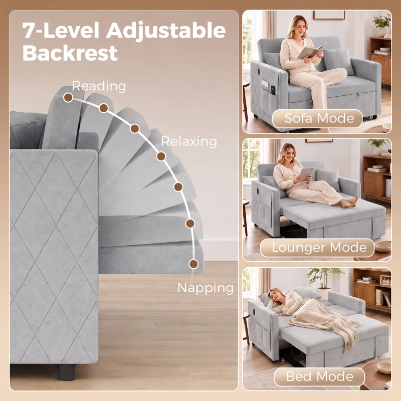 HOMCOM 52" Sofa Bed, Holland Velvet Loveseat Pull Out Sleeper Sofa with USB Ports, Adjustable Backrest, Side Pockets, Grey
