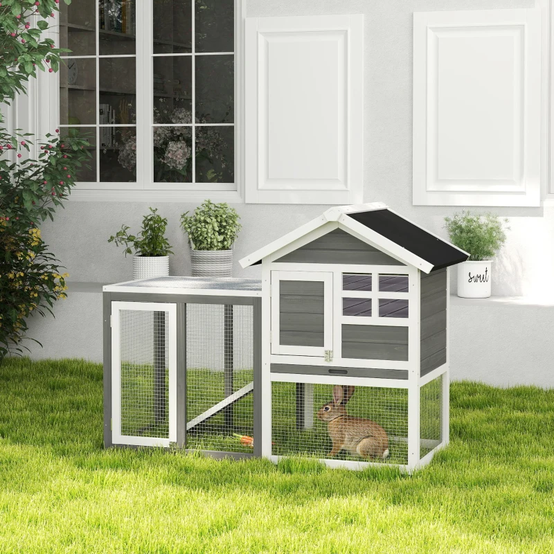 PawHut 49" Weatherproof Wooden Rabbit Hutch With Slant Roof And Screened Outdoor Run, Grey