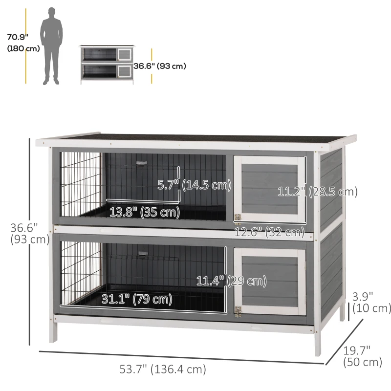 PawHut 2 Tier Wooden Rabbit Hutch Bunny Pet House Wooden Coop Run, Grey