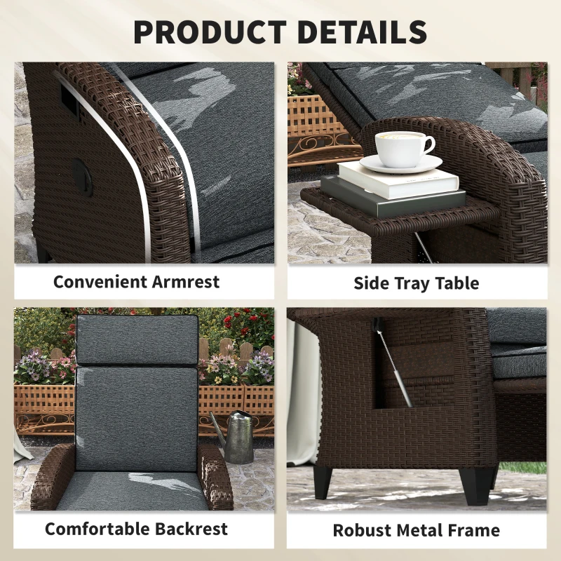Outsunny Outdoor Recliner Chair with Adjustable Backrest, Cushion, Side Tray, Dark Grey