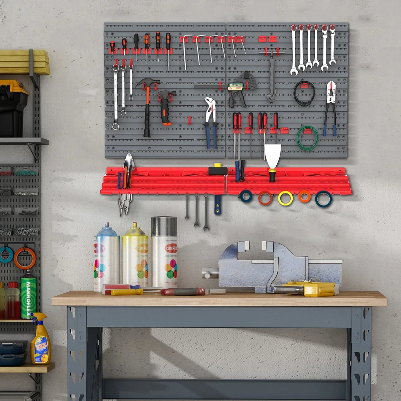 DURHAND 54 Piece Plastic Pegboard Panels, Peg Board with Accessories, Shelf Tool Organizer, Wall Mounted DIY Garage Storage with 50 Hooks, Red
