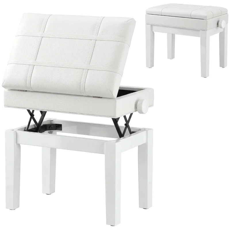 HOMCOM Faux Leather Keyboard Bench, 24.8" Adjustable Piano Bench with Padded Cushion and Storage, White